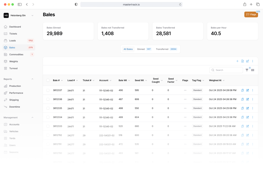 MasterTrack dashboard showing bale tracking, statistics, and navigation